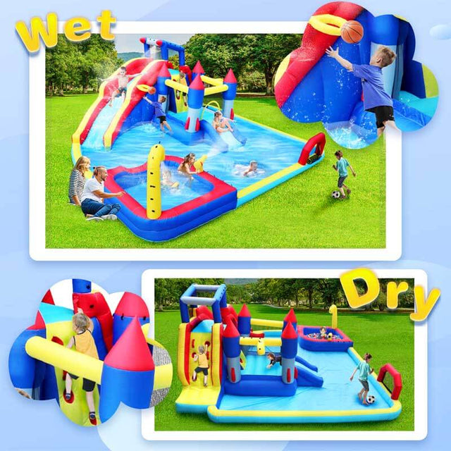 10 in1 Inflatable slide water park bouncing house garden with splash pool & water gun & basketball & climbing wall & dual pools & soccer | Shinymarch