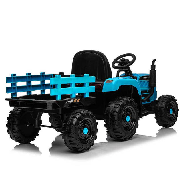 Blue Ride on Tractor with Trailer,12V Battery Powered Electric Tractor Toy w/Remote Control,electric car for kids,Three speed adjustable,Power display, USB,MP3 ,Bluetooth,LED light,Two-point safety belt | Shinymarch