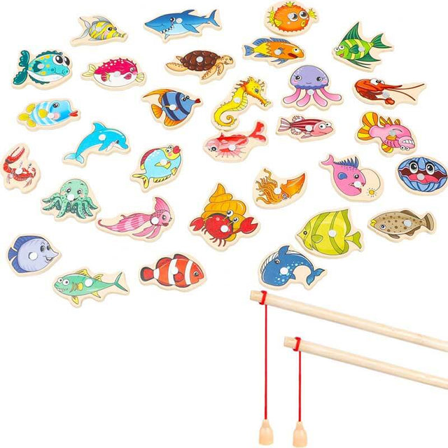 34 Pieces Magnetic Fishing Game for Kids Wooden Magnet Fishing Game Wooden Magnetic Fishing Toys for Kindergarten Preschool Girl Boy | Shinymarch