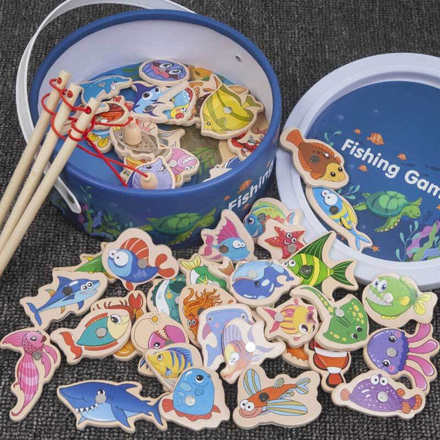 34 Pieces Magnetic Fishing Game for Kids Wooden Magnet Fishing Game Wooden Magnetic Fishing Toys for Kindergarten Preschool Girl Boy | Shinymarch