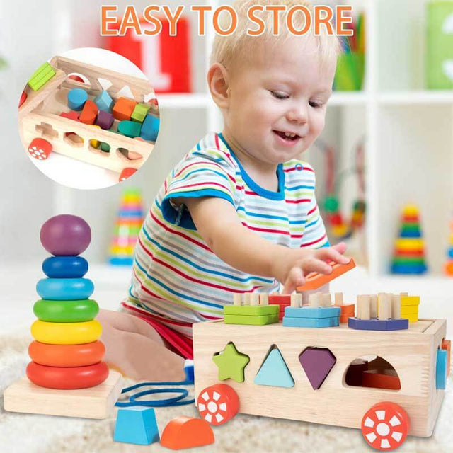 Wooden Activity Cube & Shape Sorter Stacking Rings Baby Toys, Montessori Toys for Girls and Boys | Shinymarch