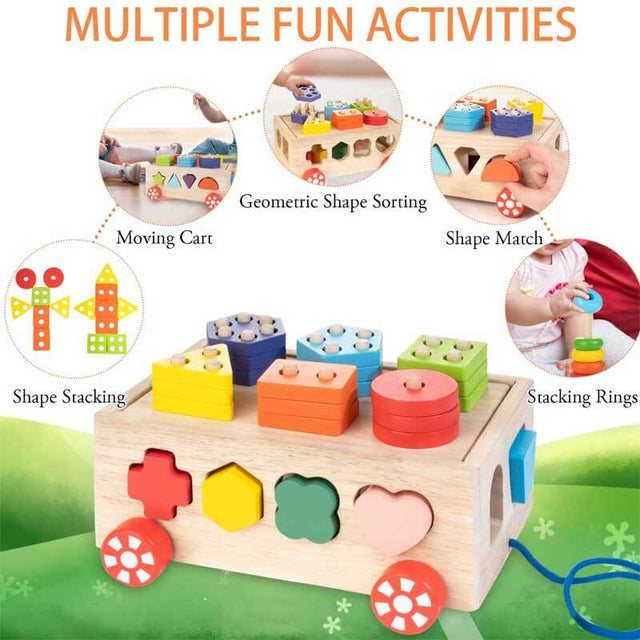 Wooden Activity Cube & Shape Sorter Stacking Rings Baby Toys, Montessori Toys for Girls and Boys | Shinymarch