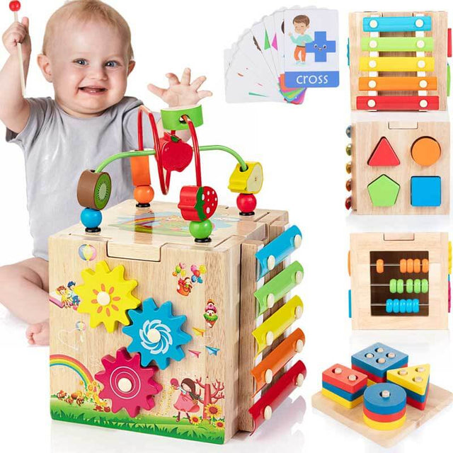 Wooden Activity Cube & Shape Sorter Stacking Rings Baby Toys, Montessori Toys for Girls and Boys | Shinymarch