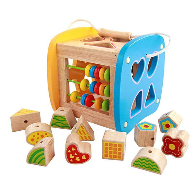 Wooden Activity Cube & Shape Sorter Stacking Rings Baby Toys, Montessori Toys for Girls and Boys | Shinymarch