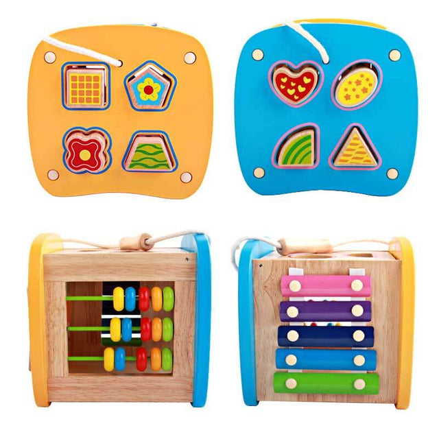 Wooden Activity Cube & Shape Sorter Stacking Rings Baby Toys, Montessori Toys for Girls and Boys | Shinymarch