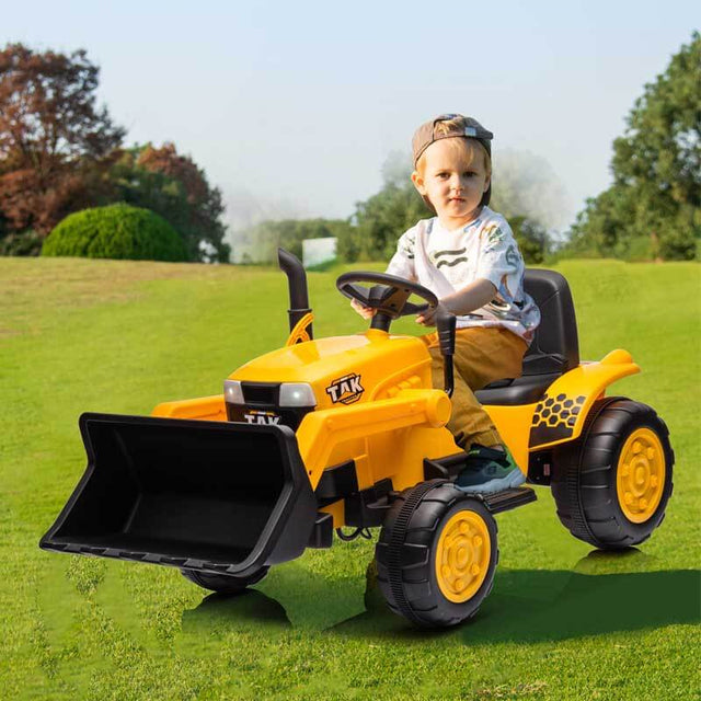 12V Kids Ride on Tractor Electric Excavator Battery Powered Motorized Car for Kids Ages 3-6, with Front Loader, Digging Handle, Remote Control, & Bright Headlight, Yellow | Shinymarch