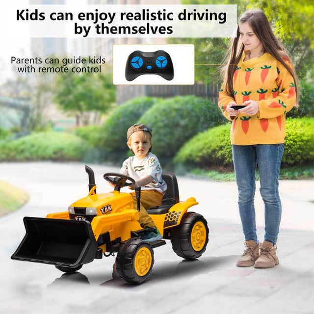 12V Kids Ride on Tractor Electric Excavator Battery Powered Motorized Car for Kids Ages 3-6, with Front Loader, Digging Handle, Remote Control, & Bright Headlight, Yellow | Shinymarch