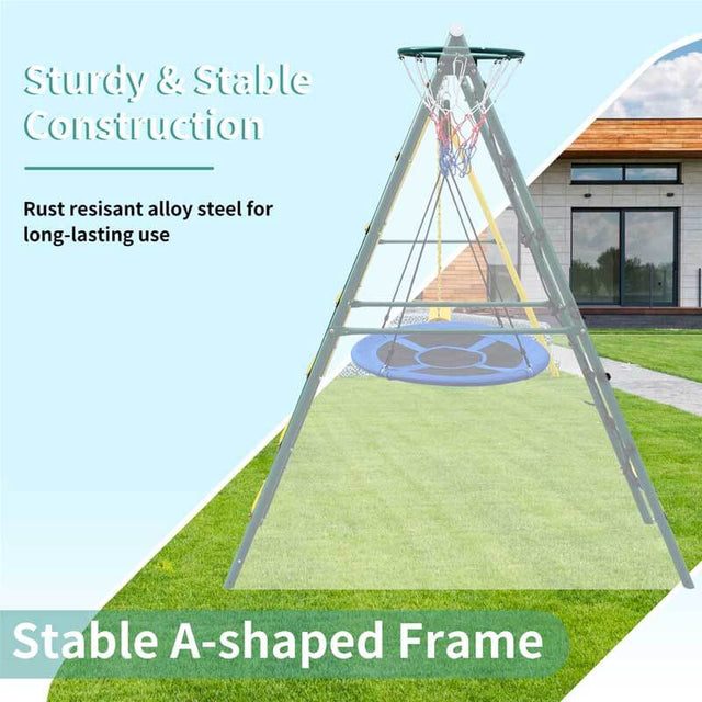 Swing Set for Kids Outdoor Backyard Playground Swing Set with Ladder and Basketball Hoop | Shinymarch