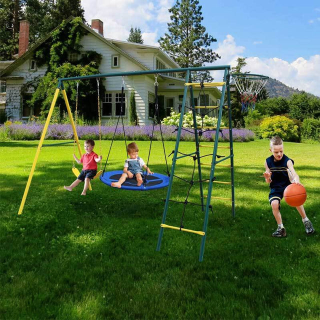 Swing Set for Kids Outdoor Backyard Playground Swing Set with Ladder and Basketball Hoop | Shinymarch