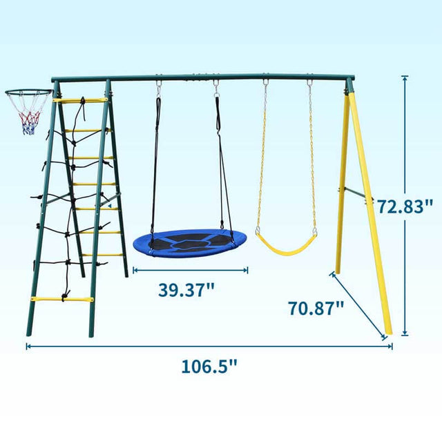 Swing Set for Kids Outdoor Backyard Playground Swing Set with Ladder and Basketball Hoop | Shinymarch