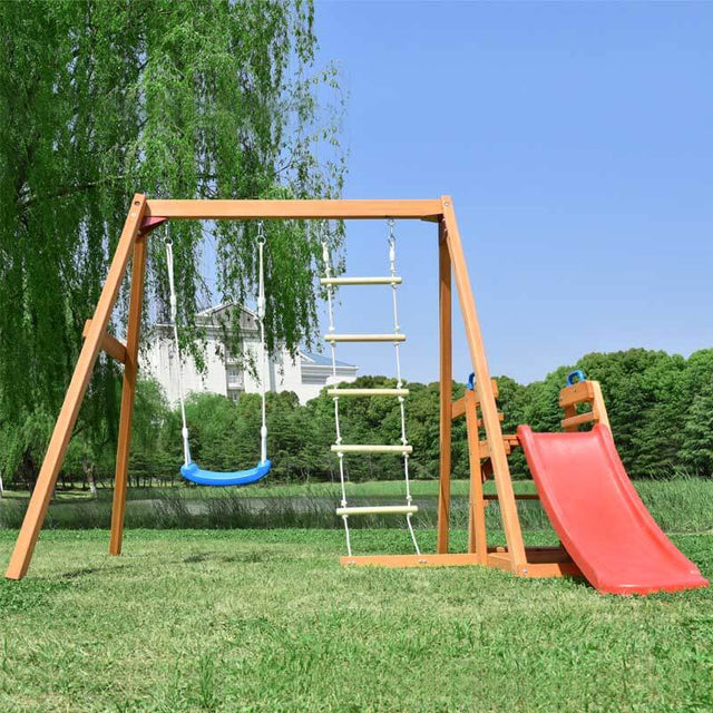 Wooden Swing Set with Slide, Outdoor Playset Backyard Activity Playground Climb Swing Outdoor Play Structure for Toddlers, Ready to Assemble Wooden Swing-N-Slide Set Kids Climbers | Shinymarch