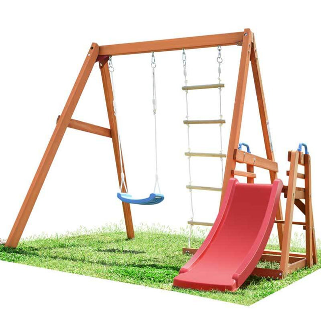 Wooden Swing Set with Slide, Outdoor Playset Backyard Activity Playground Climb Swing Outdoor Play Structure for Toddlers, Ready to Assemble Wooden Swing-N-Slide Set Kids Climbers | Shinymarch