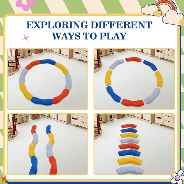 Colored Wavy Circle Balance Beams Stepping Stones for Kids, 20 Pc. Set, Non-Slip Textured Surface and Slip Resistant Floor Rubber Edges, Promote Agility, Strength, Active Play | Shinymarch