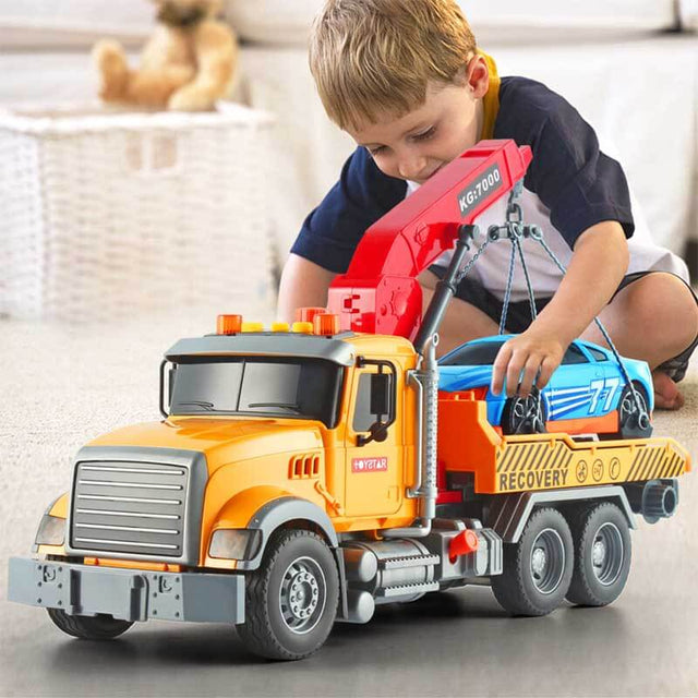 Kids Toys for 3 4 5 6 7 Years Old Boys, 15" Large Tow Truck Toy,Friction Powered Transport Truck Crane Toy with Lights and Sounds,with Roadster,Toddlers Gifts | Shinymarch