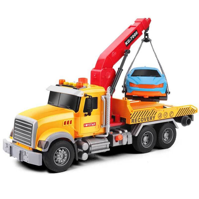 Kids Toys for 3 4 5 6 7 Years Old Boys, 15" Large Tow Truck Toy,Friction Powered Transport Truck Crane Toy with Lights and Sounds,with Roadster,Toddlers Gifts | Shinymarch