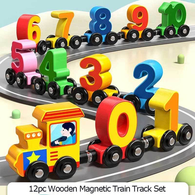 Toys for Toddlers, 12pc Wooden Magnetic Train Track Set with Animal and Digital Designs, Montessori Educational Toy for 2 3 4 5 Year Olds Boys and Girls Christmas Birthday Gift | Shinymarch