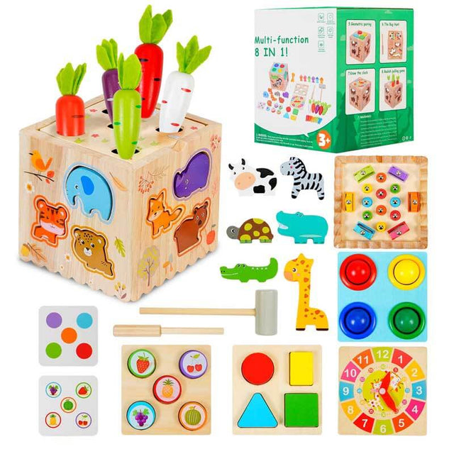 Baby Activity Cube 8-in-1 QIYI Wooden Montessori Toys for 3+ Year Old Multifunctional Educational Learning Sensory Toy, Sorting & Stacking Toys for 36M+ Toddlers Birthday Gifts for Kids | Shinymarch