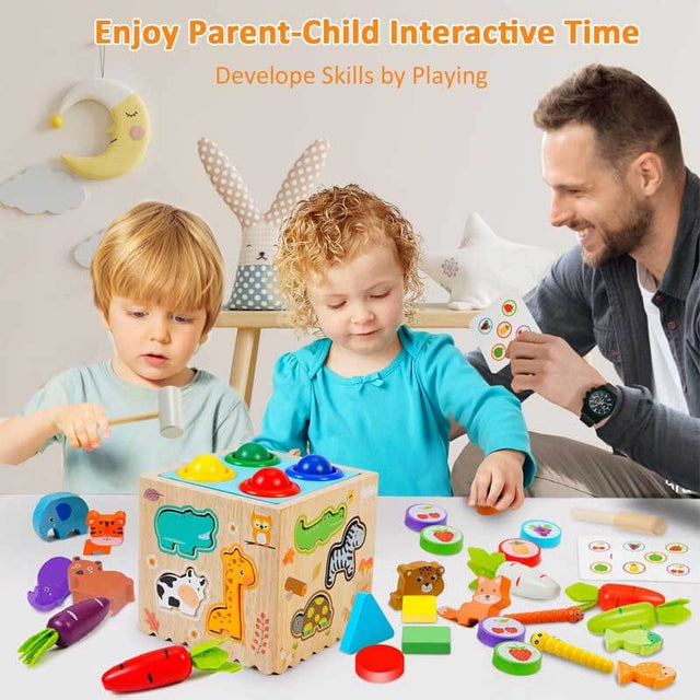 Baby Activity Cube 8-in-1 QIYI Wooden Montessori Toys for 3+ Year Old Multifunctional Educational Learning Sensory Toy, Sorting & Stacking Toys for 36M+ Toddlers Birthday Gifts for Kids | Shinymarch