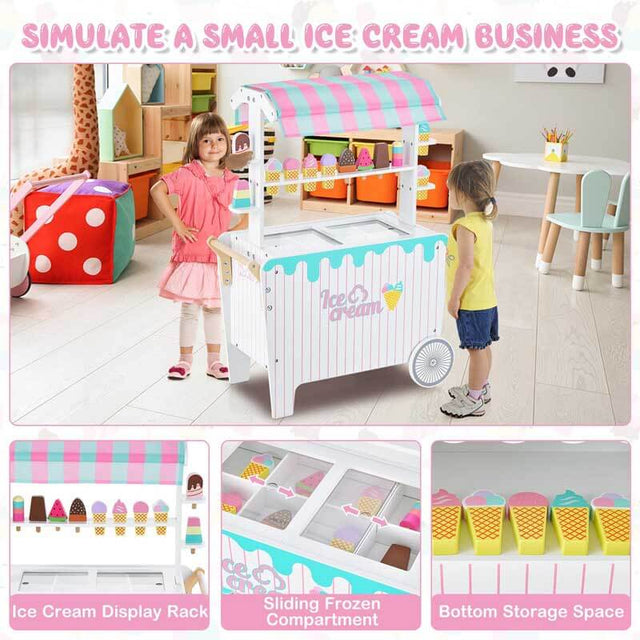 Wooden Ice Cream Cart for Kids, Pretend Play Food Trunk Toy Display Rack & Simulation Frozen Compartment, 2 Large Wheels, Cute Ice Cream Toy Set for Boys Girls 3+ | Shinymarch