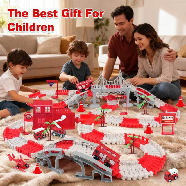 Race Track Playset for Kids - Flexible DIY Car Track Toy, Educational Birthday Gift for Boys Ages 3 4 5 6 7, 330+ PCS Building Kit with Fire Trucks | Shinymarch