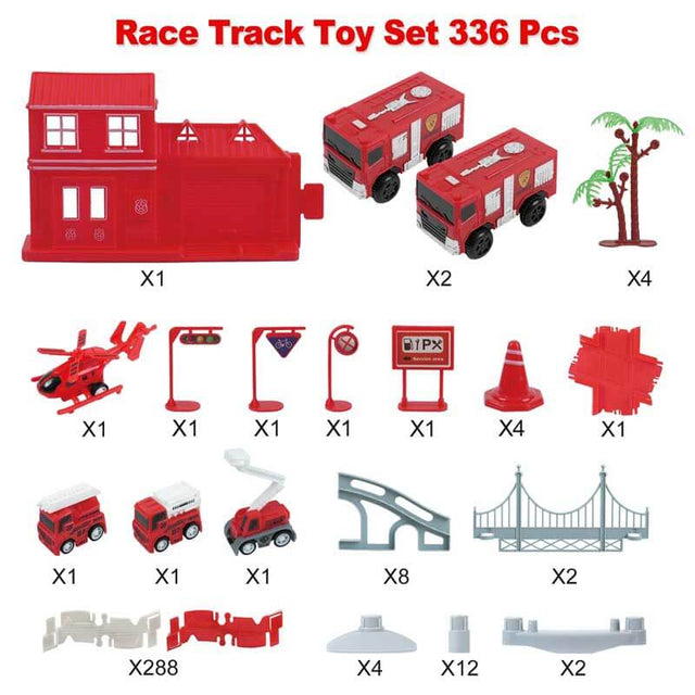 Race Track Playset for Kids - Flexible DIY Car Track Toy, Educational Birthday Gift for Boys Ages 3 4 5 6 7, 330+ PCS Building Kit with Fire Trucks | Shinymarch