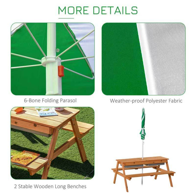 Outsunny Kids Picnic Table with Umbrella and Storage Inside, Sand and Water Table, Kids Outdoor Furniture, Wooden Bench Backyard Furniture for Garden, Patio, or Balcony | Shinymarch