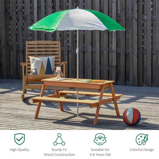 Outsunny Kids Picnic Table with Umbrella and Storage Inside, Sand and Water Table, Kids Outdoor Furniture, Wooden Bench Backyard Furniture for Garden, Patio, or Balcony | Shinymarch