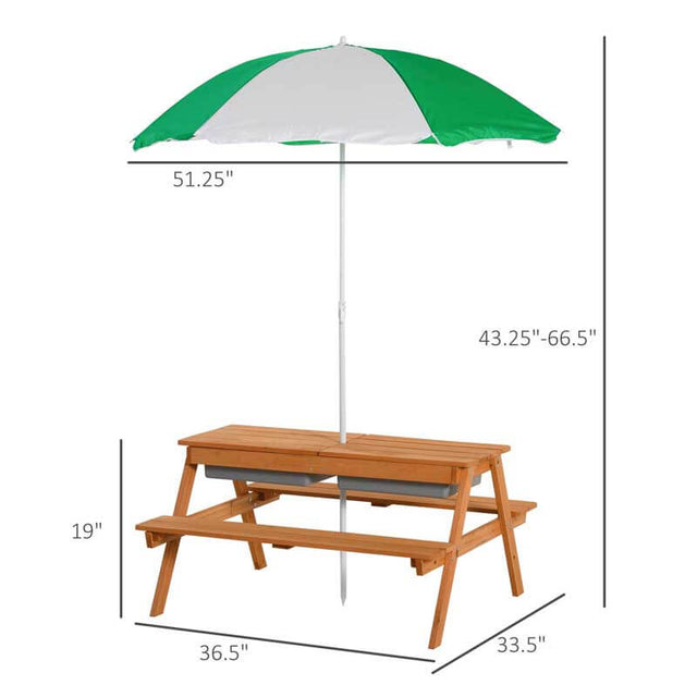 Outsunny Kids Picnic Table with Umbrella and Storage Inside, Sand and Water Table, Kids Outdoor Furniture, Wooden Bench Backyard Furniture for Garden, Patio, or Balcony | Shinymarch