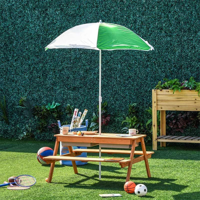 Outsunny Kids Picnic Table with Umbrella and Storage Inside, Sand and Water Table, Kids Outdoor Furniture, Wooden Bench Backyard Furniture for Garden, Patio, or Balcony | Shinymarch