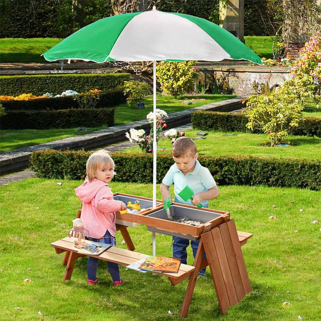 Outsunny Kids Picnic Table with Umbrella and Storage Inside, Sand and Water Table, Kids Outdoor Furniture, Wooden Bench Backyard Furniture for Garden, Patio, or Balcony | Shinymarch