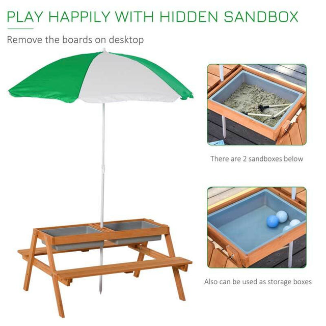 Outsunny Kids Picnic Table with Umbrella and Storage Inside, Sand and Water Table, Kids Outdoor Furniture, Wooden Bench Backyard Furniture for Garden, Patio, or Balcony | Shinymarch