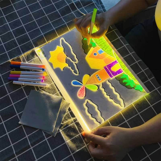 Glowing LED Kids Drawing Board with Colors & Night Light – 11.8"x7.9" Acrylic Desktop Dry Erase Memo Whiteboard, USB Powered, Dimmable, to Do List, Planning for Home/Kitchen/Office/School | Shinymarch