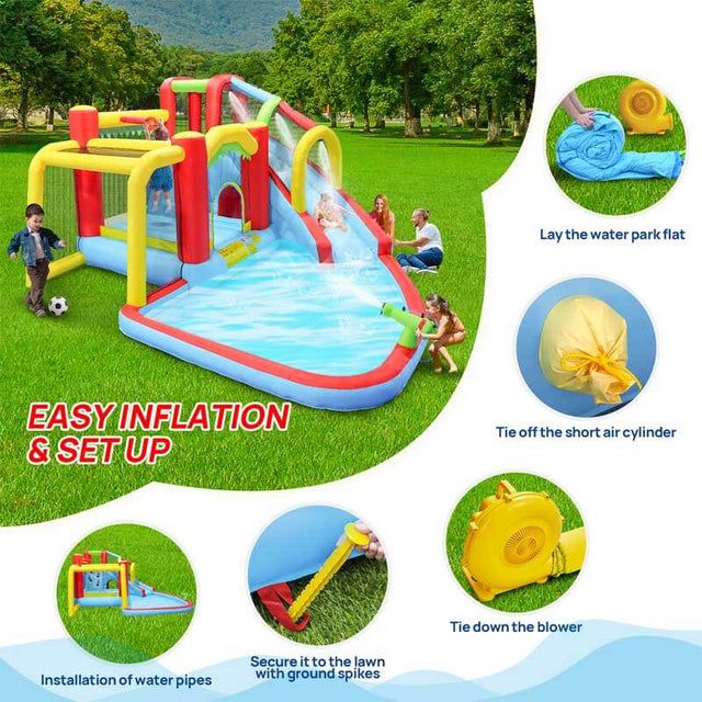 7 in1 Inflatable slide water park bouncing house outdoor Soccer garden bouncer with Splash pool & Water gun & Climbing wall & Basketball & Football  | Shinymarch