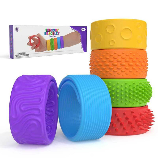 Fidget Toys Slap Bracelets, 6Pcs Textured Silicone Sensory Toys for Kids with Autism,ADHD,Chewing&Biting Anxiety Relief Items, Wearable Stress Fidgets for Adults Office Desk Toys | Shinymarch
