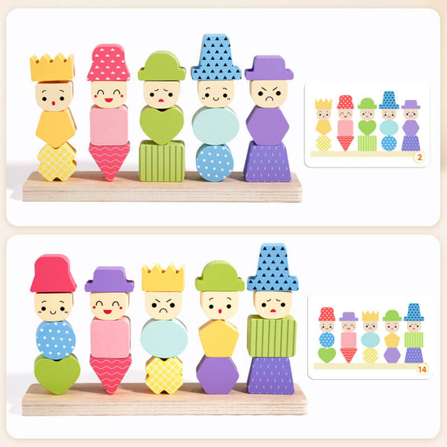 Montessori Wooden Character Stacking & Sorting Toy with Challenge Cards – Multi-Dimensional Color, Shape & Expression Matching Puzzle for Toddlers 3+ | Shinymarch