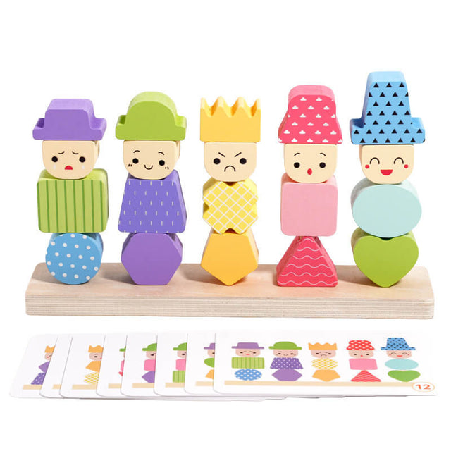 Montessori Wooden Character Stacking & Sorting Toy with Challenge Cards – Multi-Dimensional Color, Shape & Expression Matching Puzzle for Toddlers 3+ | Shinymarch