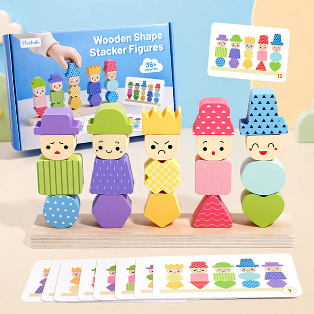 Montessori Wooden Character Stacking & Sorting Toy with Challenge Cards – Multi-Dimensional Color, Shape & Expression Matching Puzzle for Toddlers 3+ | Shinymarch