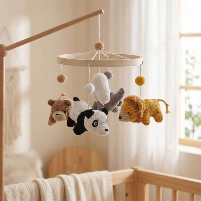 Knitted Animal Baby Crib Mobile for Neutral Nursery Decor