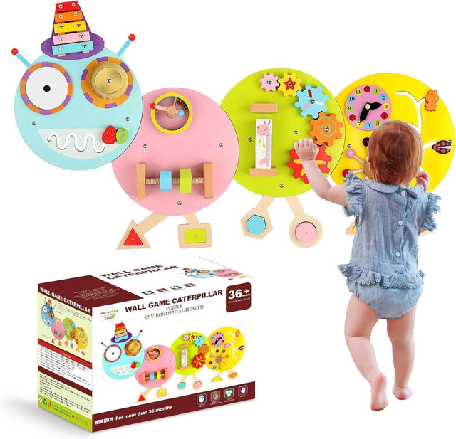 Caterpillar Activity Wall Busy Board for Kids:12 in 1 Sensory Wall Panel for Toddler,Wooden Montessori Educational Toys for Playroom Daycare Nursery Classroom | Shinymarch