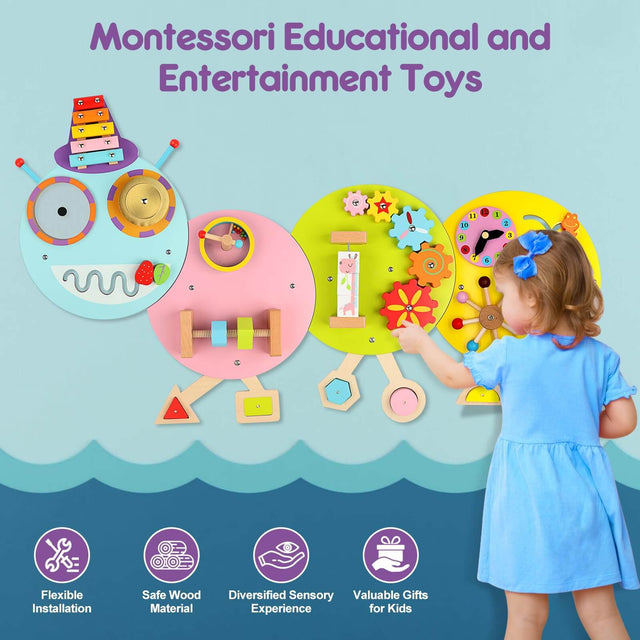 Caterpillar Activity Wall Busy Board for Kids:12 in 1 Sensory Wall Panel for Toddler,Wooden Montessori Educational Toys for Playroom Daycare Nursery Classroom | Shinymarch