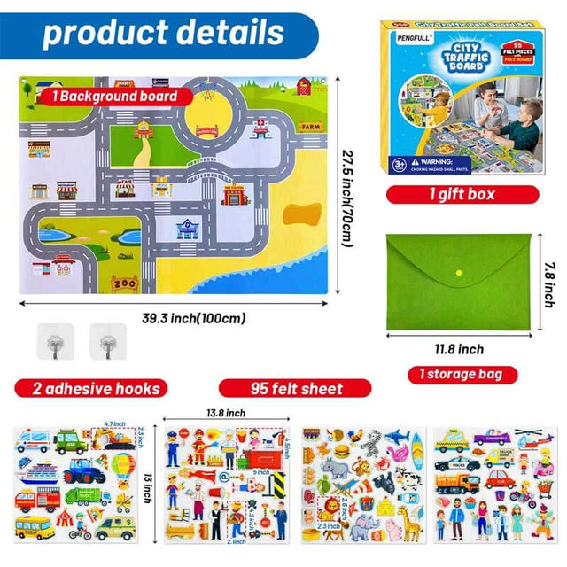 Transportation Felt Story Board Set ,40*28in Flannel Board for Wall ,95 Felt Pieces,Preschool Storytelling ,Vehicles,Career Image Dress-Up,Zoo Learning Interactive,for 3 years +,Gift for Toddlers | Shinymarch