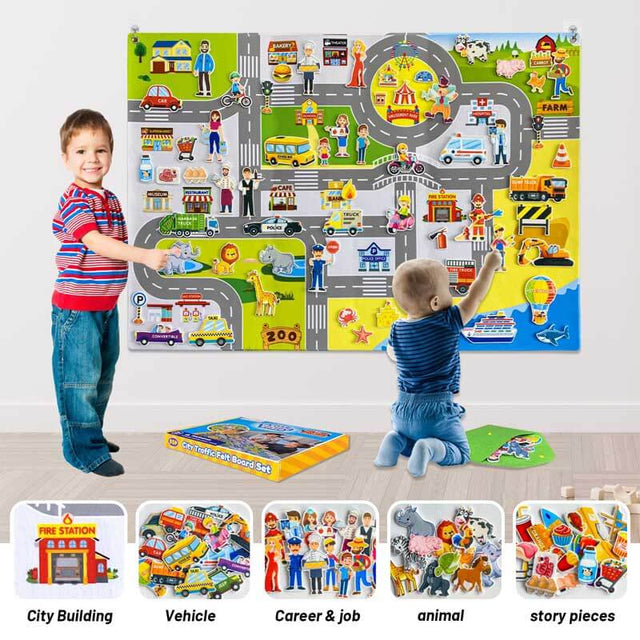 Transportation Felt Story Board Set ,40*28in Flannel Board for Wall ,95 Felt Pieces,Preschool Storytelling ,Vehicles,Career Image Dress-Up,Zoo Learning Interactive,for 3 years +,Gift for Toddlers | Shinymarch