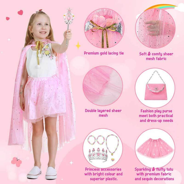 Princess Dress Up for Girls 3-8, Cape with Crown & Tutu, Birthday Gift for Toddler Girls, Pretend Play Toys for Kids | Shinymarch