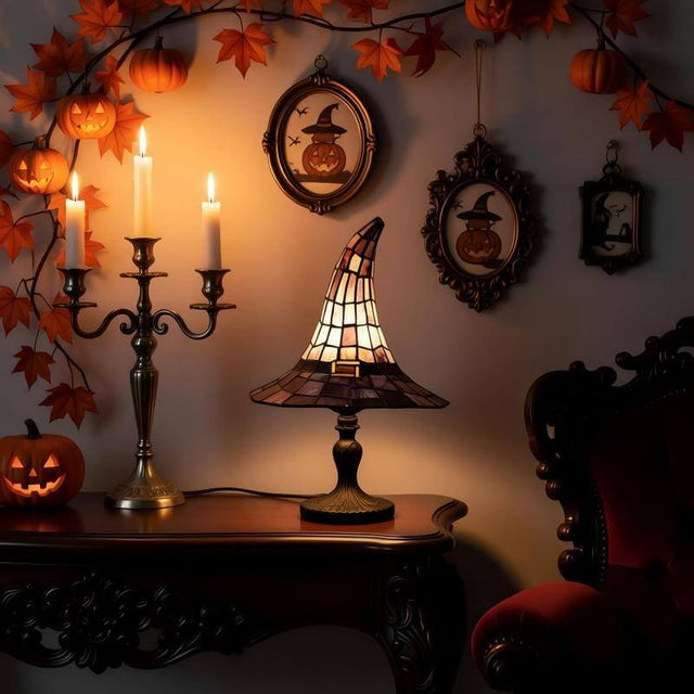 Gothic Witch Hat Table Lamp - Tiffany Style Stained Glass Stained Resin Night Light for Halloween & Spooky Home Decor | Kalawee