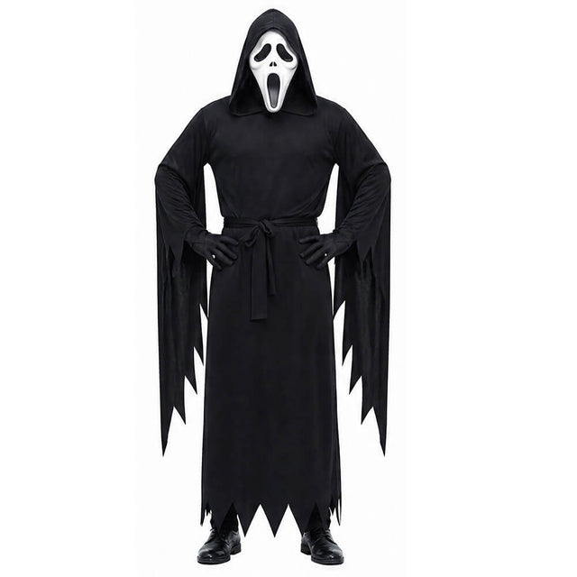 Grim Reaper Costume Set for Kids & Adults - Includes Scary Scream Mask, Hooded Robe & Toy Sickle Scythe for Halloween Cosplay | Kalawee