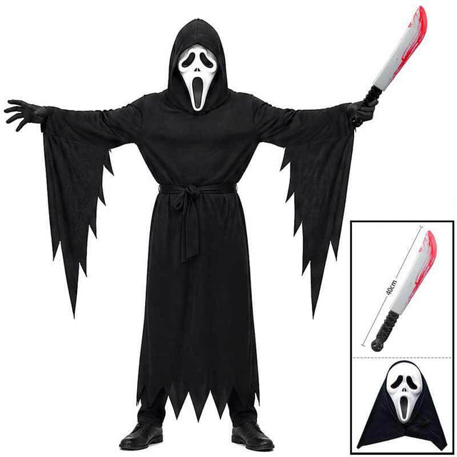 Grim Reaper Costume Set for Kids & Adults - Includes Scary Scream Mask, Hooded Robe & Toy Sickle Scythe for Halloween Cosplay | Kalawee