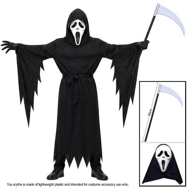 Grim Reaper Costume Set for Kids & Adults - Includes Scary Scream Mask, Hooded Robe & Toy Sickle Scythe for Halloween Cosplay | Kalawee