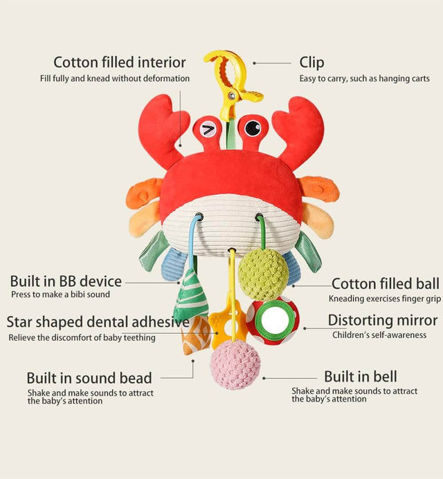 Car Seat Toys for Babies 0–12 Months – Hanging Baby Activity Toy for Car Seat, Stroller, Crib & Gym – Infant Plush Rattle with Mirror, Crinkle, Clip-On for Boys & Girls | Shinymarch