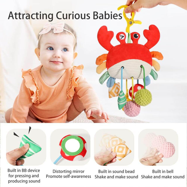 Car Seat Toys for Babies 0–12 Months – Hanging Baby Activity Toy for Car Seat, Stroller, Crib & Gym – Infant Plush Rattle with Mirror, Crinkle, Clip-On for Boys & Girls | Shinymarch