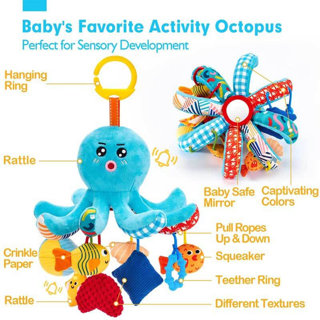 Car Seat Toys for Babies 0–12 Months – Hanging Baby Activity Toy for Car Seat, Stroller, Crib & Gym – Infant Plush Rattle with Mirror, Crinkle, Clip-On for Boys & Girls | Shinymarch